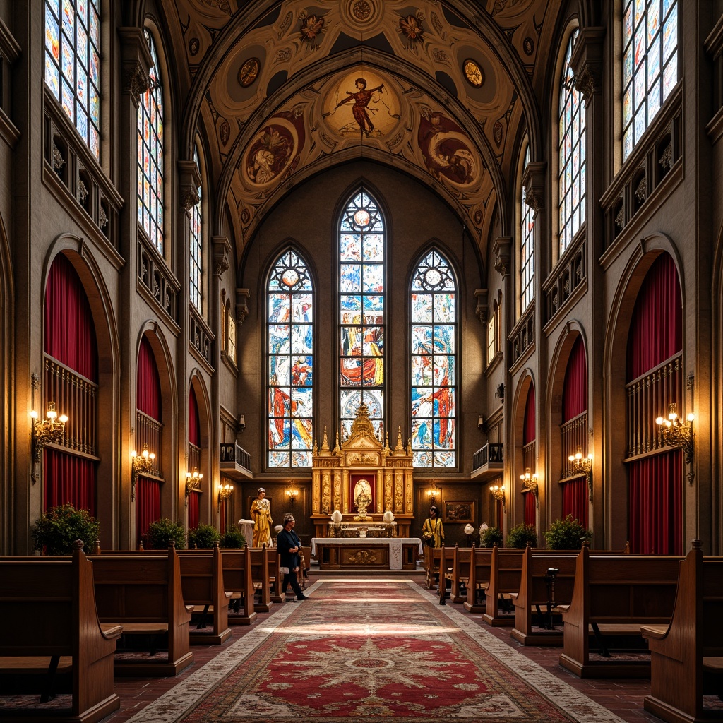 Prompt: Intricate stained glass windows, ornate wooden pews, lavish velvet drapes, gilded altarpieces, majestic stone columns, intricate marble flooring, grandiose chandeliers, luxurious silk tapestries, ornamental metalwork, sacred symbols, mystical frescoes, warm golden lighting, shallow depth of field, 1/1 composition, symmetrical framing, realistic textures, ambient occlusion, richly patterned rugs, elegant wooden confessionals, vintage-inspired lanterns.