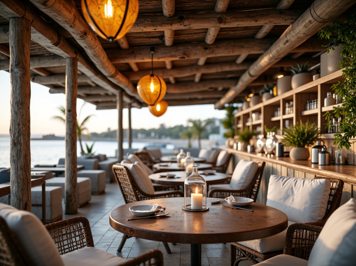 Prompt: Coastal bar interior, warm golden lighting, soft ambient glow, pendant lamps, nautical rope details, reclaimed wood accents, distressed metal fixtures, ocean-inspired color palette, calming blue hues, crisp white shades, natural textures, woven rattan furniture, plush upholstery, rustic wooden tables, glass bottle chandeliers, candles in mercury glass holders, subtle sparkle, relaxed atmosphere, warm beige tones, driftwood decorative elements, sea-salt air, soft morning light, 1/2 composition, shallow depth of field.