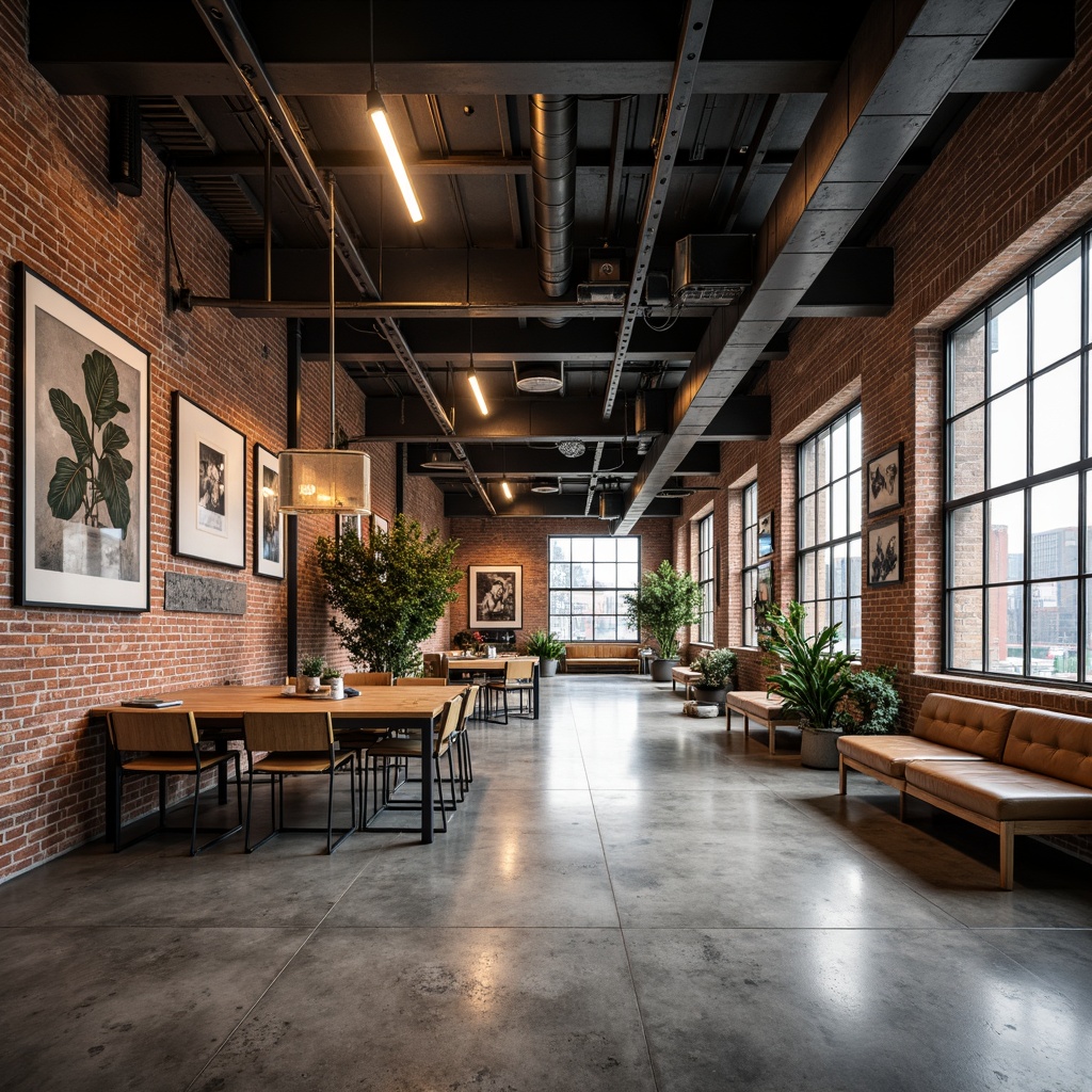 Prompt: Exposed brick walls, metal beams, reclaimed wood accents, industrial-style lighting fixtures, polished concrete floors, urban loft atmosphere, open-concept layout, functional workspaces, collaborative meeting areas, eclectic artwork displays, modern minimalist decor, abundant natural light, floor-to-ceiling windows, cityscape views, gritty urban texture, converted warehouse feel, distressed finishes, edgy architectural details, dynamic shadows, high-contrast lighting, 1/2 composition, cinematic framing, dramatic depth of field.