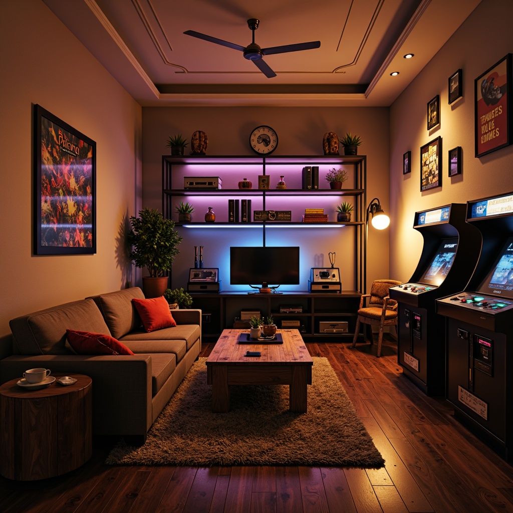 Prompt: Cozy game room, warm beige walls, dark wood flooring, plush area rug, comfortable sectional sofa, rustic wooden coffee table, vintage arcade machines, modern gaming console, retro-style posters, industrial metal shelves, neon-colored accent lighting, soft ambient glow, shallow depth of field, 1/2 composition, cinematic framing, realistic textures, subtle motion blur.