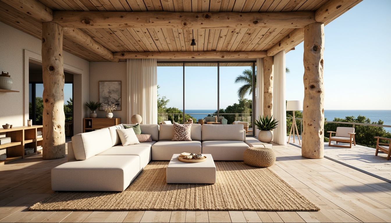 Prompt: Driftwood accents, weathered wood planks, ocean-inspired color palette, soft sandy beige tones, sea salt-weathered stone walls, woven natural fiber rugs, coral-patterned textiles, shell-adorned decorative accessories, beachy vibes, relaxed atmosphere, open-plan living space, floor-to-ceiling windows, sliding glass doors, ocean views, sunny day, soft warm lighting, shallow depth of field, 3/4 composition, panoramic view, realistic textures, ambient occlusion.