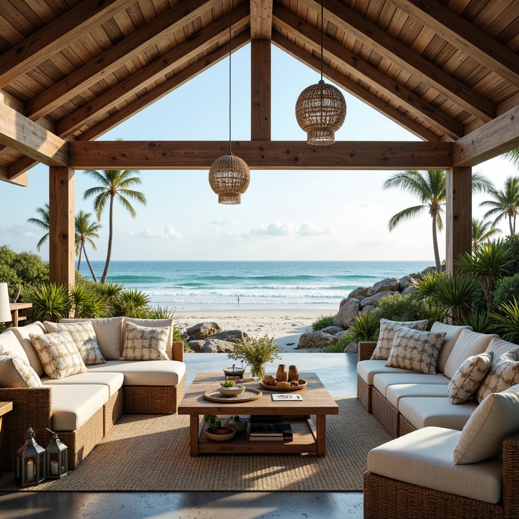 Prompt: Coastal villa, ocean views, sandy beach, driftwood decor, nautical ropes, weathered wooden accents, soft blue-green color palette, rustic metal lanterns, pendant lighting fixtures, woven sea grass shades, natural linen upholstery, reclaimed wood coffee tables, coral-inspired patterns, warm golden lighting, 1/1 composition, shallow depth of field, realistic textures, ambient occlusion.