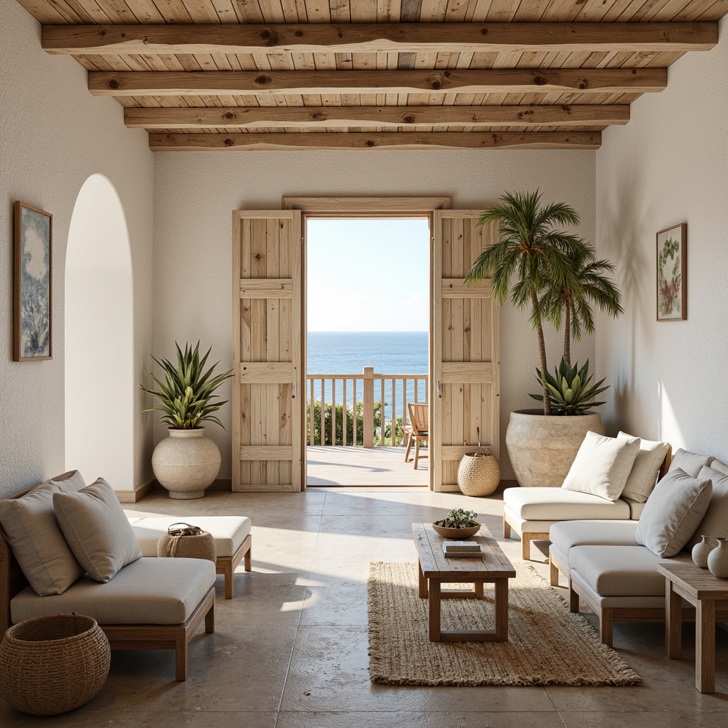 Prompt: Calming coastal cottage, soft sandy hues, weathered wood accents, driftwood furniture, natural sea salt textures, ocean-inspired color palette, beachy vibes, rustic wooden shutters, woven sea grass mats, coral-patterned ceramics, whitewashed brick walls, distressed finishes, subtle wave patterns, gentle ocean breeze, warm sunny days, shallow depth of field, 1/1 composition, soft focus, realistic renderings.