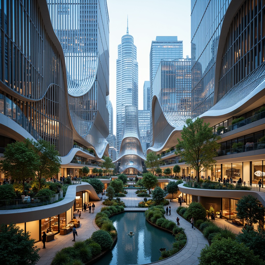 Prompt: Organic architecture, flowing curves, wavy silhouettes, futuristic skyscrapers, undulating facades, iridescent glass, shimmering metal panels, sinuous walkways, fluid interior spaces, biomimetic design, sustainable materials, lush green roofs, airy atriums, natural ventilation systems, soft diffused lighting, 1/2 composition, asymmetrical balance, dynamic reflections, ambient occlusion.