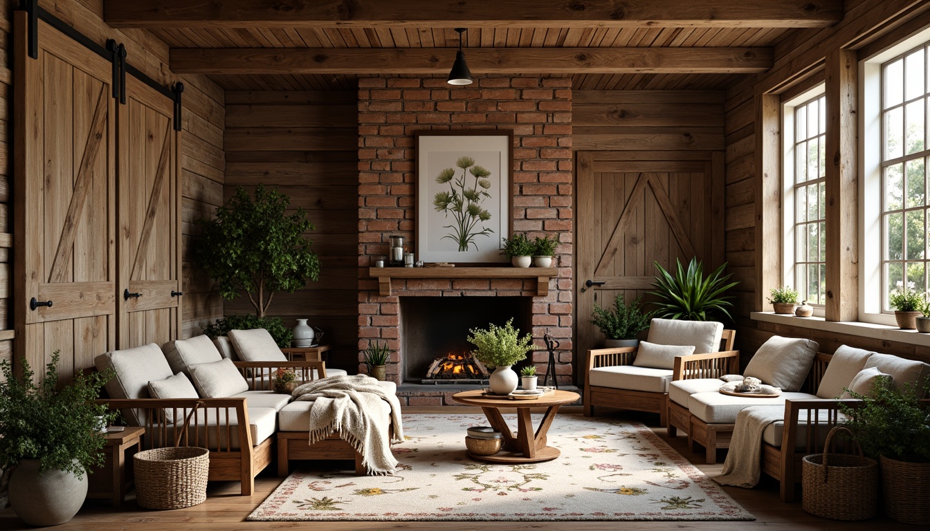 Prompt: Rustic farmhouse interior, vintage wooden accents, exposed brick walls, reclaimed barn doors, earthy color palette, natural textiles, woven baskets, plush throw blankets, distressed metal lighting fixtures, antique furniture pieces, floral patterned rugs, warm candlelight, cozy reading nooks, lush greenery, botanical prints, soft warm lighting, 1/1 composition, intimate atmosphere, realistic textures.