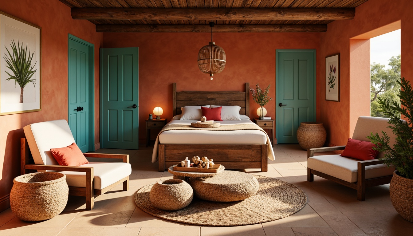 Prompt: Earthy Southwestern bedroom, warm terracotta walls, rich turquoise accents, soft sandy beige floors, vibrant coral red throw pillows, natural woven textiles, rustic wooden furniture, distressed leather armchairs, woven rattan baskets, desert botanical prints, warm golden lighting, shallow depth of field, 1/1 composition, realistic textures, ambient occlusion.