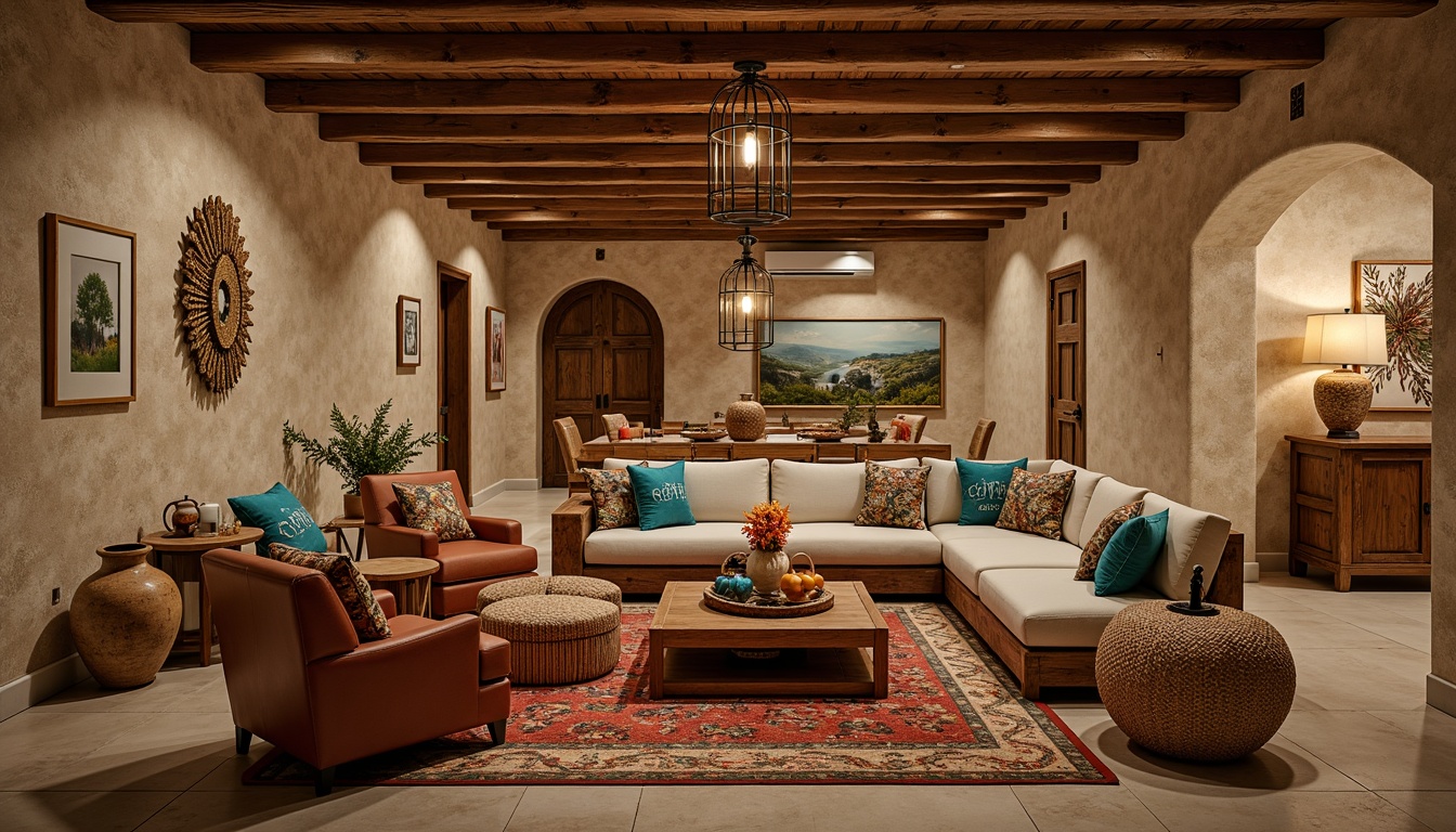 Prompt: Warm Mediterranean basement, natural stone walls, rustic wooden beams, earthy color palette, plush area rugs, comfortable sectional sofas, distressed leather armchairs, ornate wooden coffee tables, woven wicker baskets, colorful ceramic vases, soft warm lighting, lantern-style pendant lights, textured throw blankets, vibrant turquoise accents, decorative metalwork, ambient Mediterranean music, aromatic scented candles.