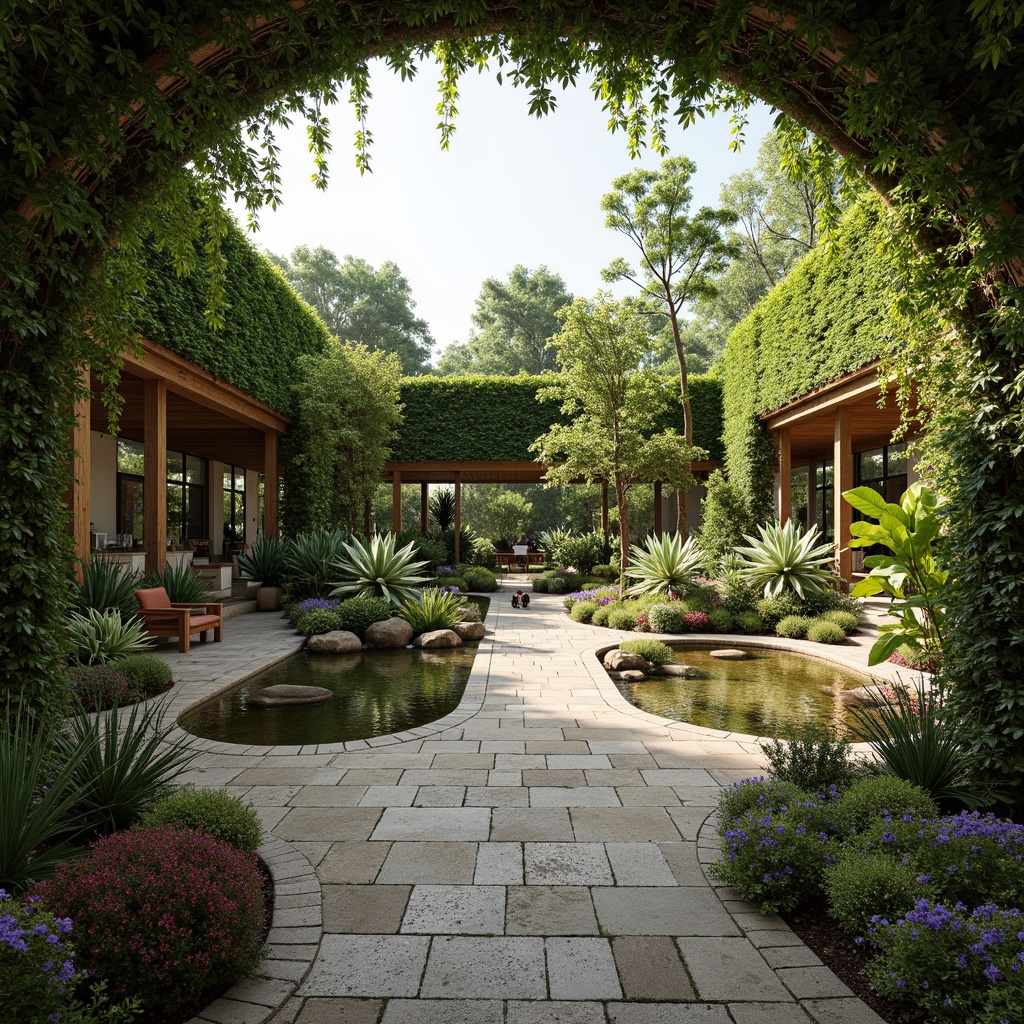 Prompt: Vibrant botanical garden, lush greenery, exotic flowers, tranquil water features, natural stone pathways, wooden benches, earthy tones, organic architecture, curved lines, open spaces, abundant natural light, soft warm ambiance, shallow depth of field, 3/4 composition, panoramic view, realistic textures, ambient occlusion.