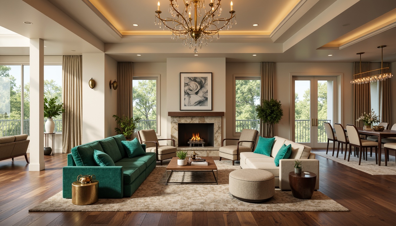 Prompt: Luxurious great room, warm beige walls, rich walnut flooring, comfortable velvet sofas, bold emerald green accents, vibrant turquoise throw pillows, soft golden lighting, crystal chandeliers, modern abstract artwork, spacious open layout, high ceilings, floor-to-ceiling windows, natural stone fireplace, cozy reading nook, plush area rugs, metallic gold decor, subtle patterned drapes, warm beige armchairs.