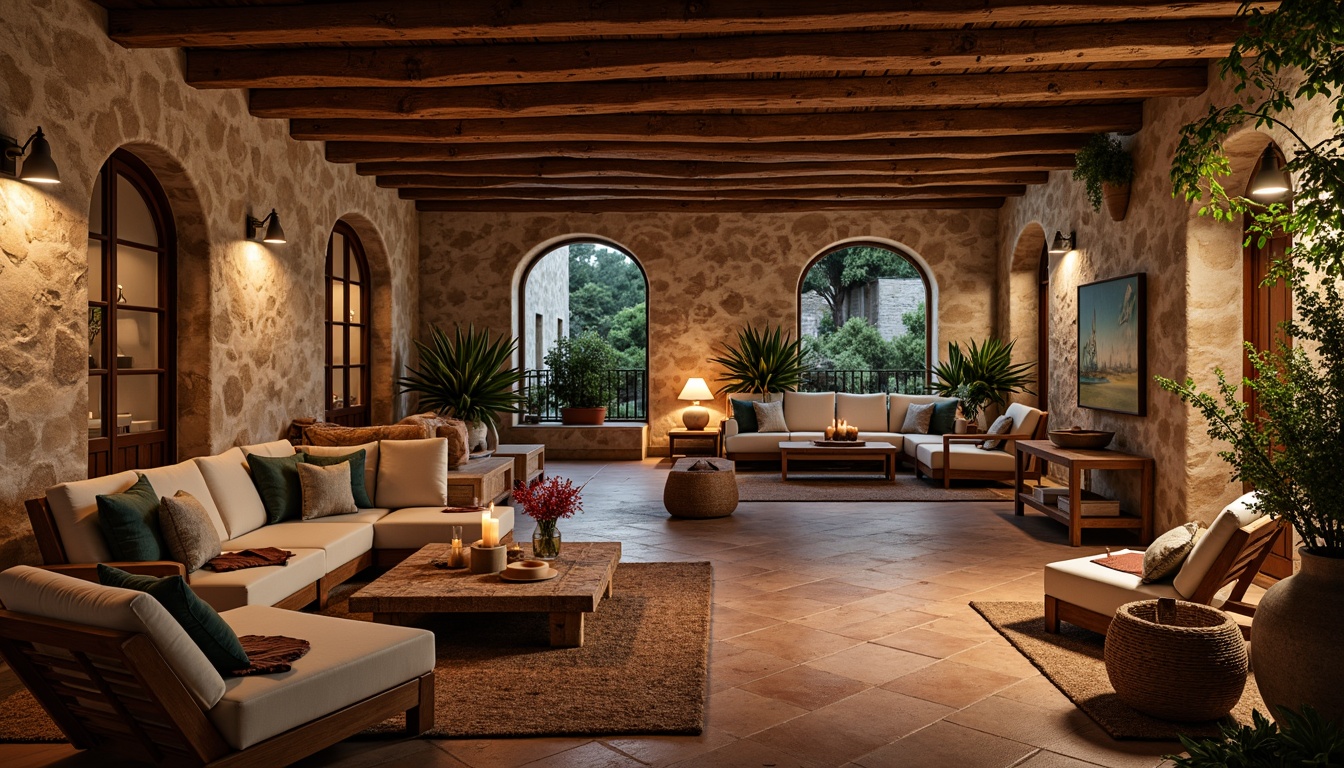 Prompt: Rustic basement, exposed wooden beams, earthy tones, natural stone walls, warm ambient lighting, cozy seating areas, plush textiles, woven baskets, decorative vases, terracotta flooring, arched windows, wrought iron railings, lush greenery, outdoor patios, soft candlelight, relaxed atmosphere, 3/4 composition, shallow depth of field, realistic textures.