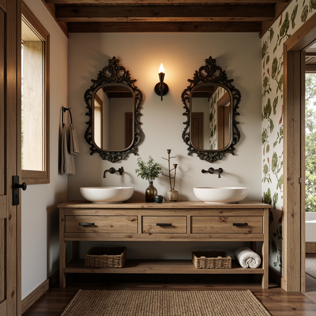 Prompt: Rustic farmhouse powder room, distressed wooden vanity, ornate metal fixtures, soft warm lighting, vintage-inspired decorative mirrors, floral patterned wallpaper, natural stone countertops, porcelain sink basins, copper faucets, woven wicker baskets, plush area rugs, earthy color palette, botanical prints, elegant candelabras, shallow depth of field, 1/1 composition, warm golden hour, realistic textures, ambient occlusion.