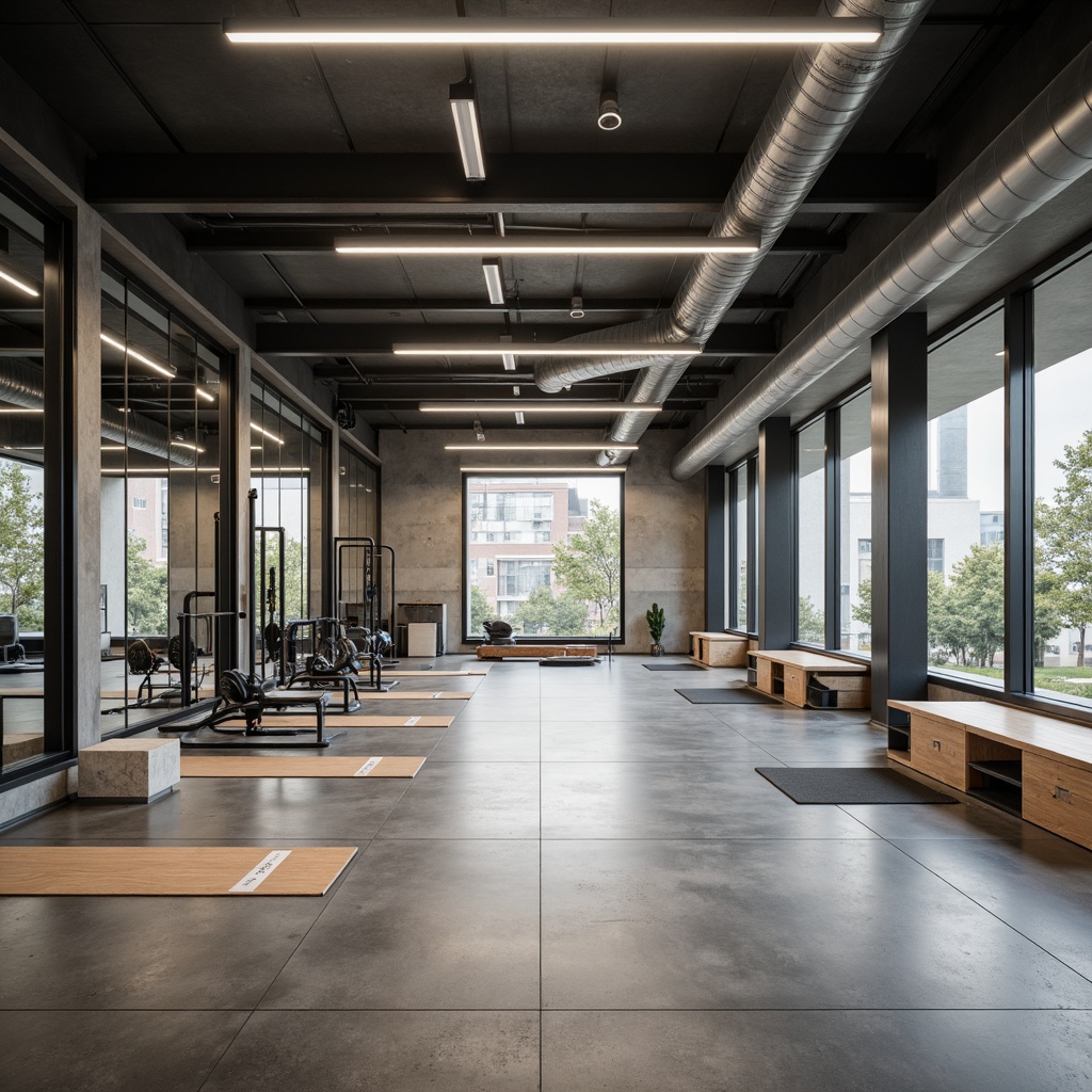 Prompt: Minimalist gymnasium interior, open space concept, polished concrete floors, industrial metal beams, exposed ductwork, modern LED lighting, sleek glass partitions, mirrored walls, professional athletic equipment, free weights, exercise machines, yoga mats, natural stone accents, wooden benches, calm color palette, soft diffused lighting, 1/1 composition, shallow depth of field, realistic textures, ambient occlusion.