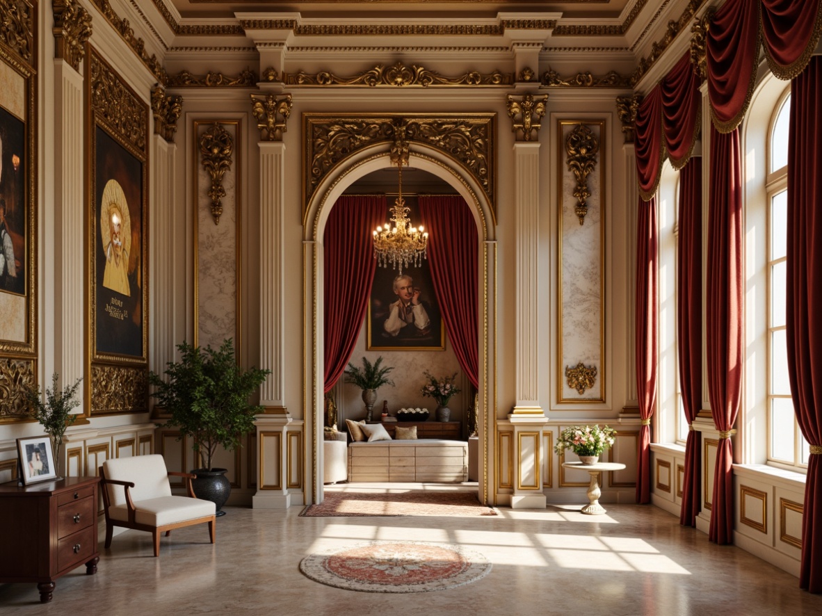 Prompt: Luxurious interior, ornate gold frames, rich velvet drapes, intricately carved wooden panels, distressed finishes, soft warm lighting, dramatic shadows, high ceilings, ornamental moldings, classical columns, marble flooring, lavish furnishings, vintage accessories, subtle texture contrasts, warm beige tones, creamy whites, deep red accents, elegant symmetries, 1/1 composition, shallow depth of field, realistic reflections.