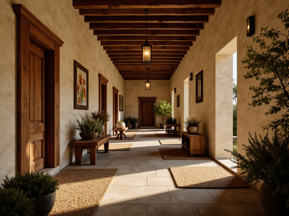 Prompt: Rustic hall, earthy tones, warm beige walls, distressed wooden accents, vintage metal fixtures, soft cream-colored ceilings, worn stone floors, natural fiber rugs, muted greenery, cozy candlelight, warm golden lighting, shallow depth of field, 1/1 composition, realistic textures, ambient occlusion.