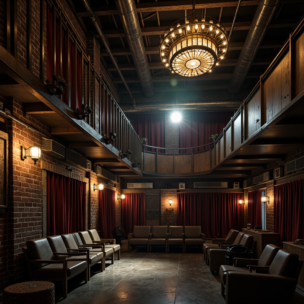 Prompt: Dimly lit backstage area, metal catwalks, exposed brick walls, industrial pipes, distressed wooden beams, rusty metal fixtures, vintage stage lamps, worn leather seats, ornate velvet curtains, grand chandeliers, metallic spotlights, dramatic shadows, high contrast lighting, shallow depth of field, 1/2 composition, cinematic mood, realistic textures, ambient occlusion.