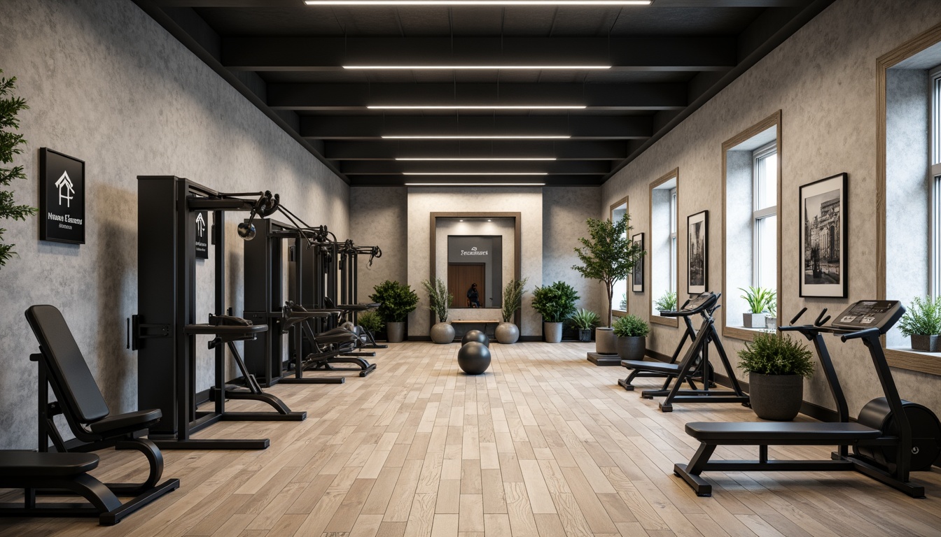 Prompt: Monochromatic gym interior, industrial minimalism style, exposed concrete walls, polished wooden floors, matte black exercise equipment, neutral color tones, creamy whites, dark grays, bold accent colors, metallic accents, modern LED lighting, sleek lines, minimalist decor, sparse greenery, natural textures, subtle branding elements, ambient occlusion, softbox lighting, 1/2 composition, realistic reflections.