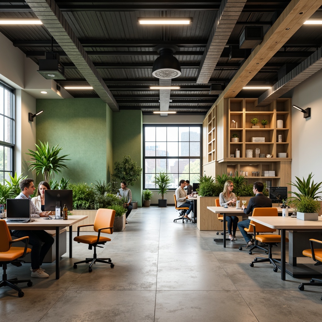 Prompt: Modern office interior, minimalist decor, sleek furniture, collaborative workspaces, ergonomic chairs, adjustable desks, green walls, natural light, open floor plan, functional layout, acoustic panels, soundproofing, high ceilings, industrial chic, urban loft atmosphere, warm color scheme, soft overhead lighting, 1/1 composition, shallow depth of field, realistic textures.