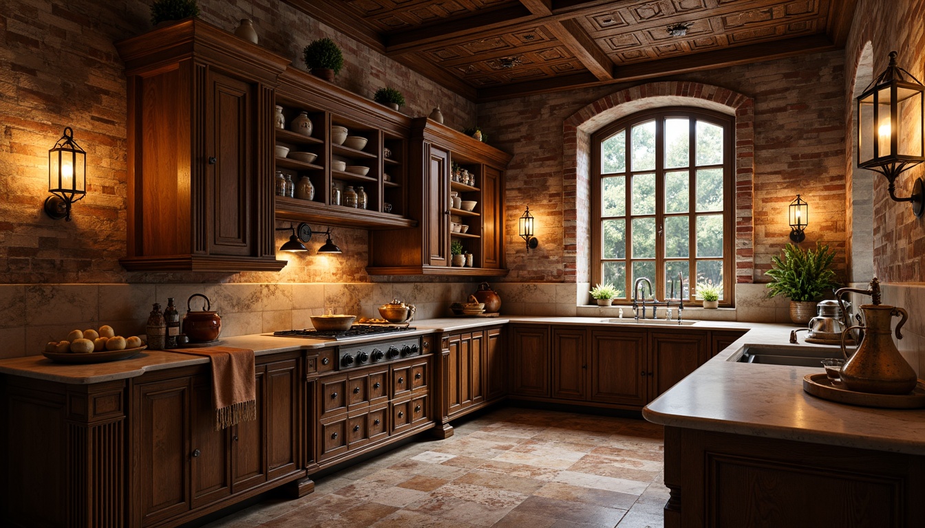 Prompt: Warm pantry, Renaissance-inspired decor, ornate wooden cabinets, marble countertops, soft warm lighting, pendant lanterns, wrought iron fixtures, candle-like chandeliers, rustic brick walls, arched windows, natural stone flooring, rich wood tones, elegant curves, vintage metalware, ambient glow, soft shadows, 1/1 composition, intimate atmosphere, realistic textures.