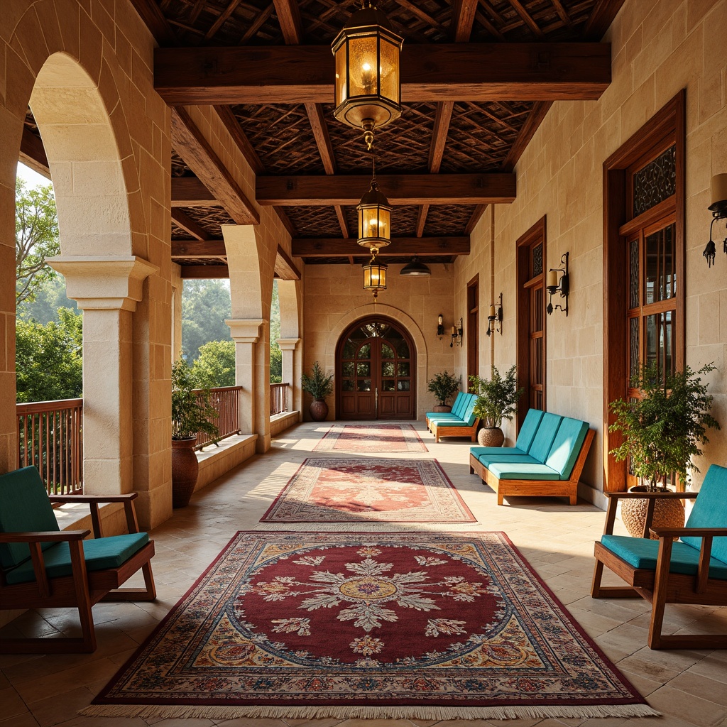 Prompt: Traditional cultural center, ornate wooden carvings, intricately patterned rugs, warm beige stone walls, glazed ceramic tiles, Islamic-inspired arches, vibrant turquoise accents, golden metal fixtures, luxurious silk fabrics, ornamental lanterns, natural wood furnishings, ambient soft lighting, 1/1 composition, shallow depth of field, realistic textures, warm afternoon sunlight.