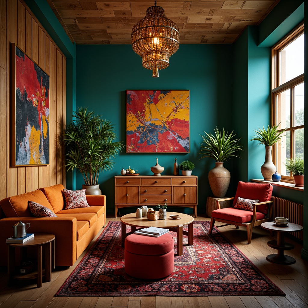 Prompt: Vibrant artistic studio, eclectic bohemian decor, rich jewel-toned walls, bold abstract artwork, eclectic furniture pieces, plush velvet textiles, metallic accents, warm golden lighting, shallow depth of field, 1/1 composition, soft focus effect, realistic reflections, ambient occlusion.