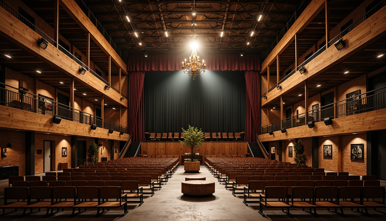 Prompt: Industrial-chic theater interior, reclaimed wooden seats, metal framework, exposed brick walls, vintage lighting fixtures, distressed leather upholstery, minimalist decor, open-concept layout, elevated stage, spotlights, dramatic shadows, high-contrast color scheme, urban loft atmosphere, rustic textures, ornate balconies, grand chandelier, luxurious velvet curtains, 1/1 composition, low-angle shot, warm golden lighting, cinematic ambiance.