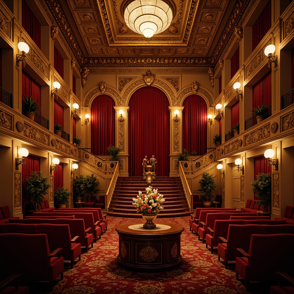 Prompt: Ornate auditorium, grandiose chandeliers, crimson velvet curtains, intricately carved wooden panels, gilded ornaments, luxurious seating, tufted upholstery, richly patterned carpets, ornamental balconies, sweeping staircases, majestic archways, warm golden lighting, soft focus blur, shallow depth of field, 2/3 composition, dramatic perspective, realistic textures, ambient occlusion.