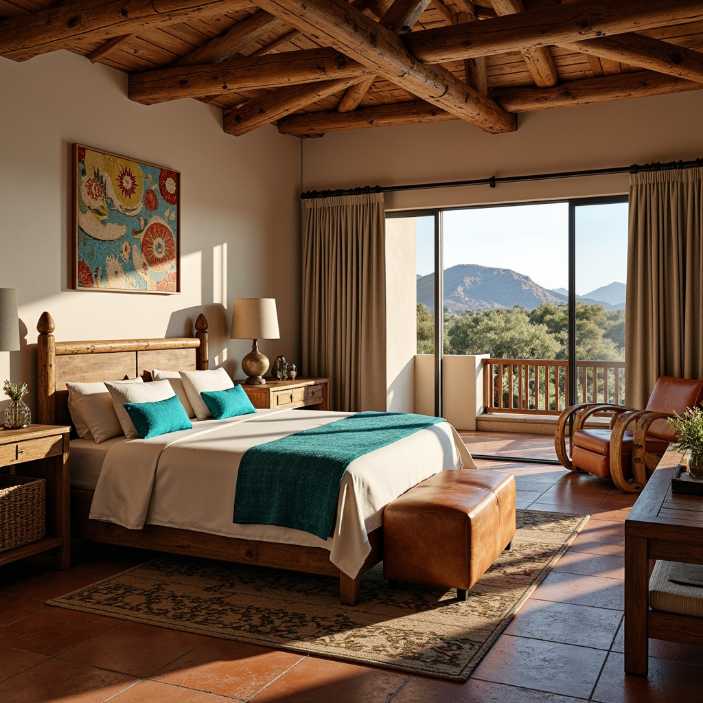 Prompt: Southwestern bedroom, rustic wooden furniture, bold turquoise accents, woven wool blankets, earthy terracotta floors, vintage Native American patterns, distressed leather armchairs, natural pine wood beams, woven rattan baskets, warm golden lighting, soft linen curtains, desert landscape views, 3/4 composition, shallow depth of field, realistic textures, ambient occlusion.