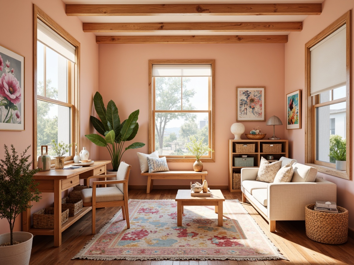 Prompt: Vibrant craft room, pastel hues, soft peach walls, creamy white furniture, rich wood accents, natural textiles, woven baskets, eclectic art pieces, colorful rugs, whimsical decor, abundant natural light, warm cozy atmosphere, 1/2 composition, shallow depth of field, realistic textures, ambient occlusion.