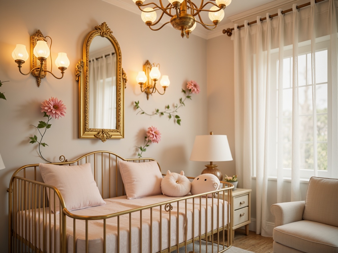 Prompt: Whimsical baby nursery, soft pastel colors, ornate metalwork, flowing curves, stained glass lamps, delicate floral patterns, warm golden lighting, frosted glass shades, intricately designed ceiling fixtures, ornamental wall sconces, subtle nature-inspired motifs, creamy whites, pale pinks, gentle creams, dreamy ambiance, shallow depth of field, 1/2 composition, soft focus, romantic warm glow.