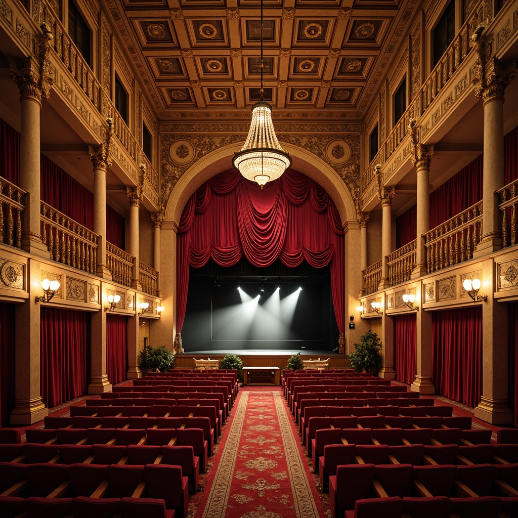 Prompt: Elegant auditorium interior, Renaissance-inspired architecture, ornate wooden details, velvet curtains, gilded ornaments, intricately carved furniture, luxurious seating arrangements, curved rows of seats, plush red upholstery, golden accents, crystal chandeliers, soft warm lighting, dramatic spotlights, shallow depth of field, 3/4 composition, symmetrical framing, realistic textures, ambient occlusion.