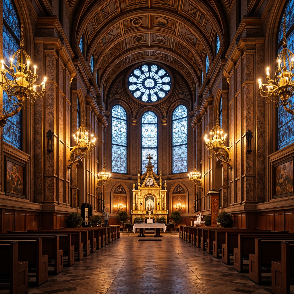 Prompt: Opulent cathedral interior, lavish chandeliers, ornate altarpieces, intricate mosaics, stained glass windows, grandiose arches, symmetrical compositions, luxurious fabrics, metallic accents, geometric patterns, bold typography, vibrant jewel tones, warm golden lighting, soft focus, shallow depth of field, 2/3 composition, dramatic shadows, atmospheric mist, sacred relics, ornate furnishings, lavish drapery.