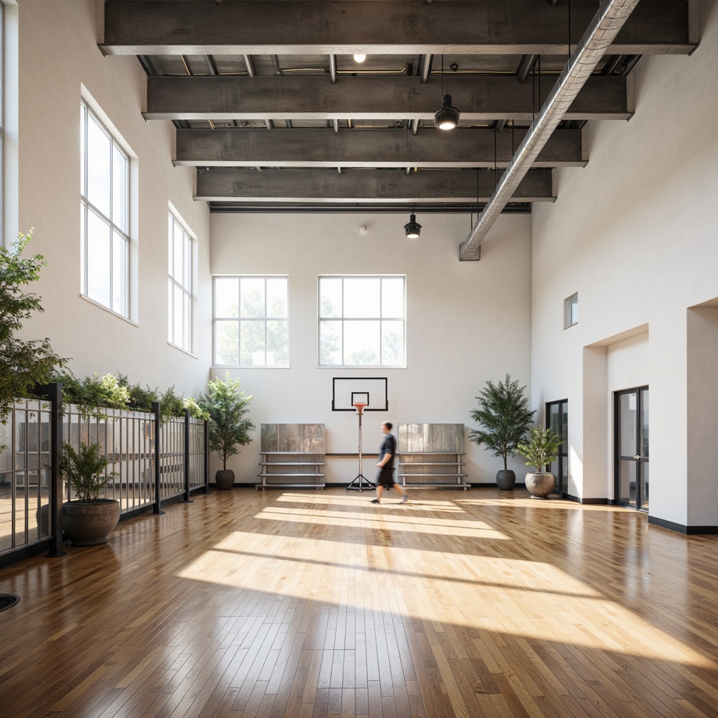 Prompt: Polished wooden floors, white walls, minimalistic architecture, steel beams, exposed ductwork, industrial-style lighting, sparse greenery, sleek metal lockers, athletic equipment, basketball hoops, volleyball nets, exercise machines, mirrored walls, large windows, natural light, soft shadows, shallow depth of field, 1/1 composition, realistic textures, ambient occlusion.