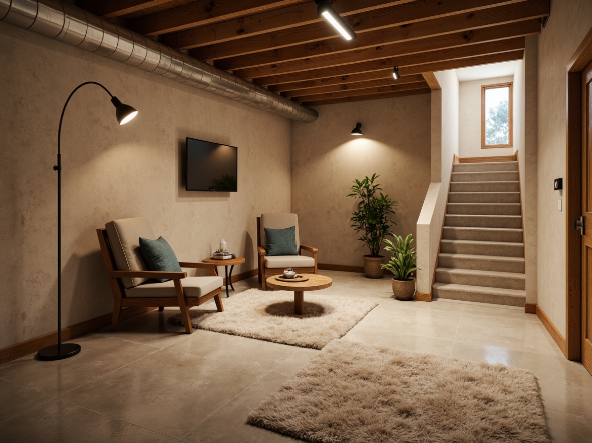 Prompt: Moisture-resistant basement, warm beige walls, industrial-style lighting, epoxy-coated concrete floor, metallic accents, modern minimalist decor, functional storage solutions, cozy reading nook, soft plush area rug, warm ambient glow, 1/1 composition, realistic reflections, subtle texture details.