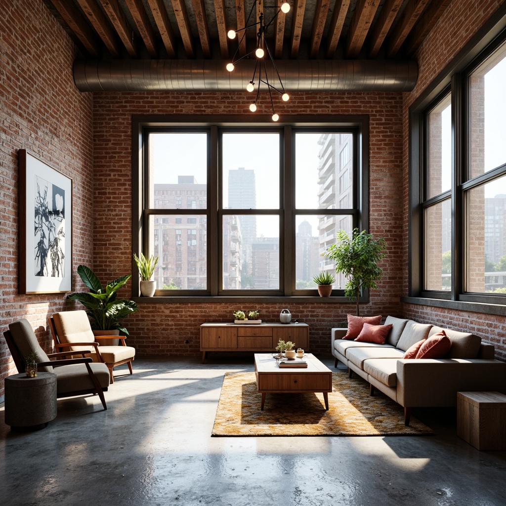 Prompt: Industrial chic loft, exposed brick walls, polished concrete floors, eclectic furniture mix, vintage armchairs, modern sofas, abstract artwork, Edison bulb lighting, metal beam ceilings, reclaimed wood accents, urban city views, sunny day, warm natural light, shallow depth of field, 1/1 composition, realistic textures, ambient occlusion.