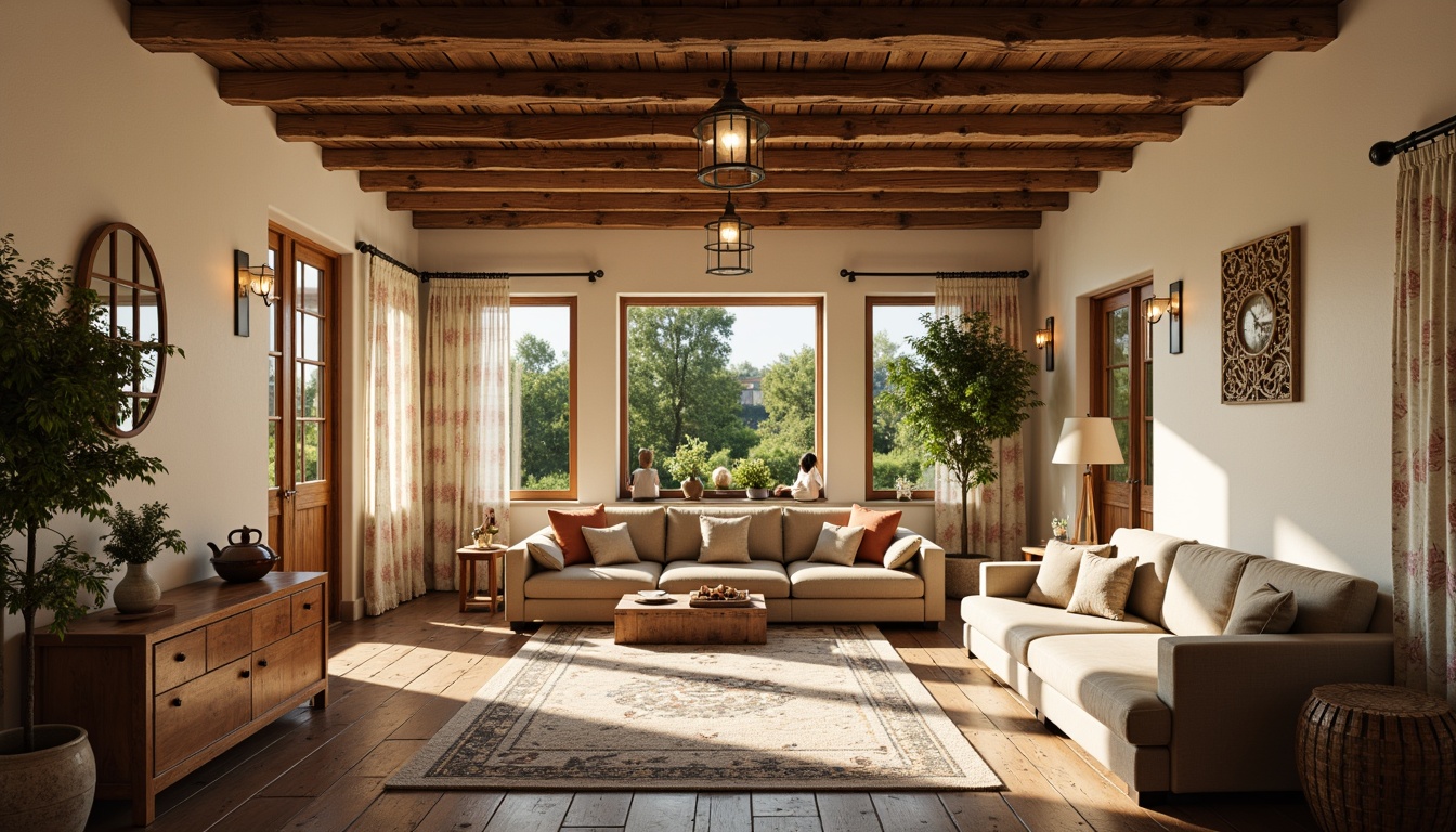 Prompt: Cozy farmhouse, rustic wooden beams, vintage metal lanterns, warm earthy tones, soft creamy whites, natural stone walls, reclaimed wood flooring, plush velvet furniture, floral patterned curtains, lush greenery, sunny afternoon, gentle warm lighting, shallow depth of field, 1/1 composition, intimate close-up shots, realistic textures, ambient occlusion.