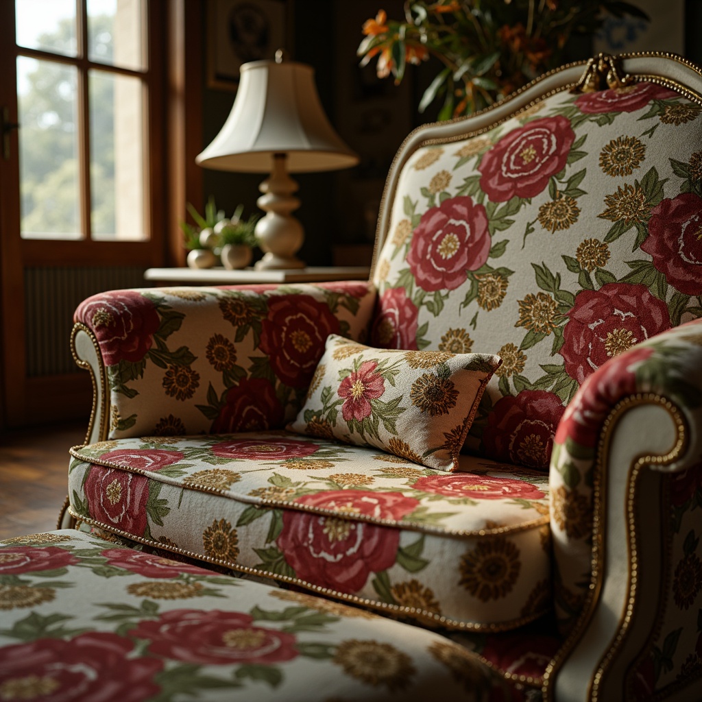 Prompt: Intricate floral patterns, organic shapes, sinuous lines, rich jewel tones, velvety soft fabrics, luxurious silk textures, ornate embroidery, beaded lace, metallic threads, subtle sheen, iridescent colors, opulent upholstery, curvaceous furniture silhouettes, whimsical nature-inspired motifs, dreamy romantic ambiance, warm golden lighting, shallow depth of field, 1/2 composition, elegant realistic renderings.