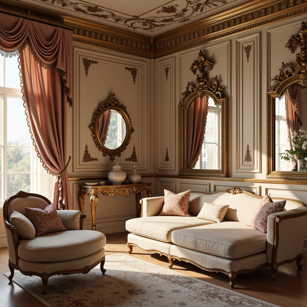 Prompt: Opulent boudoir, lavish furnishings, intricately carved wooden panels, gilded moldings, ornate mirrors, delicate porcelain vases, soft velvet drapes, luxurious satin upholstery, curved lines, scalloped shapes, shell motifs, foliage patterns, pastel color palette, warm golden lighting, subtle shadows, shallow depth of field, 1/1 composition, intimate atmosphere, realistic textures, ambient occlusion.