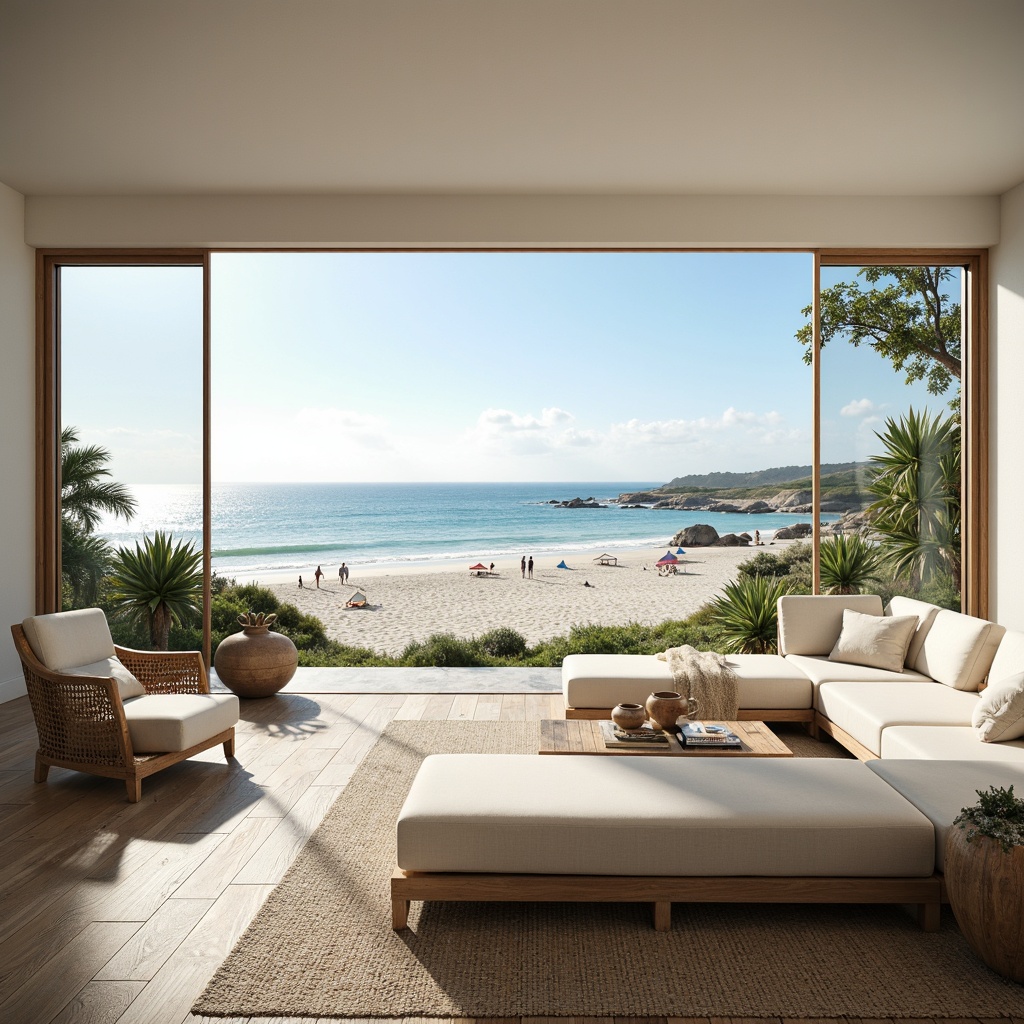 Prompt: Serene ocean views, sandy beaches, gentle sea breezes, natural textures, driftwood accents, calming color palette, soft creamy whites, blues and greens, rustic wooden floors, minimal ornamentation, large windows, sliding glass doors, abundant natural light, coastal-inspired furniture, woven textiles, nautical ropes, subtle shell patterns, airy open spaces, peaceful ambiance, warm sunny days, shallow depth of field, 1/1 composition, realistic wood grains, ambient occlusion.