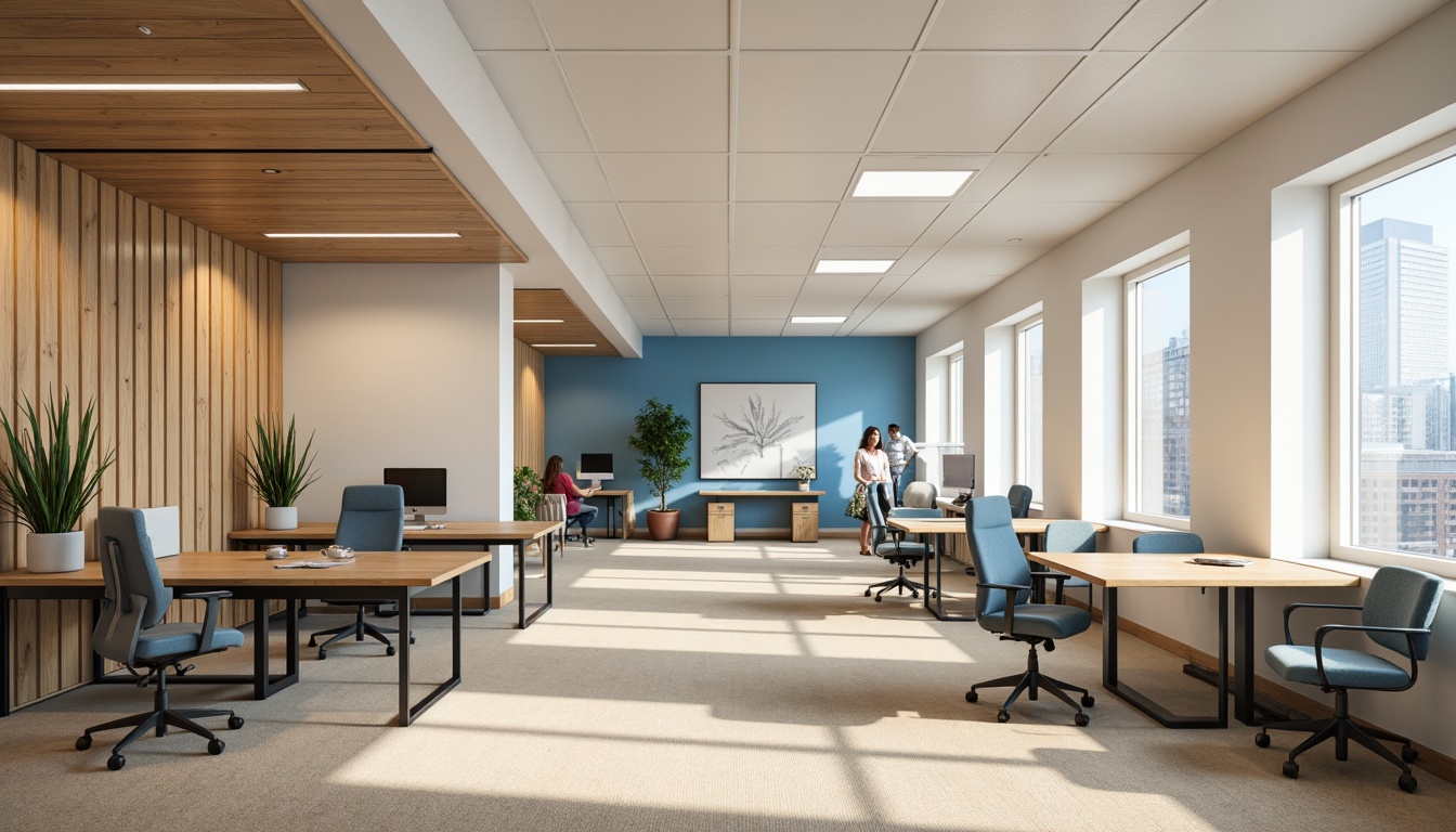 Prompt: Modern office building, open floor plan, collaborative workspaces, minimalist desks, ergonomic chairs, natural wood accents, calming blue tones, creamy white walls, warm beige carpeting, subtle texture contrasts, ample natural light, soft overhead lighting, 1/1 composition, realistic renderings, ambient occlusion.