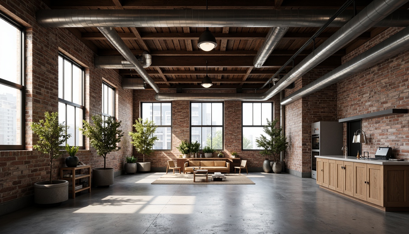 Prompt: Exposed ductwork, metal beams, reclaimed wood accents, industrial chic lighting, distressed concrete floors, urban loft atmosphere, exposed brick walls, steel windows, minimalist decor, functional pipes, metallic color palette, gritty textures, high ceilings, open floor plan, natural light pouring in, atmospheric shadows, 3/4 composition, shallow depth of field.