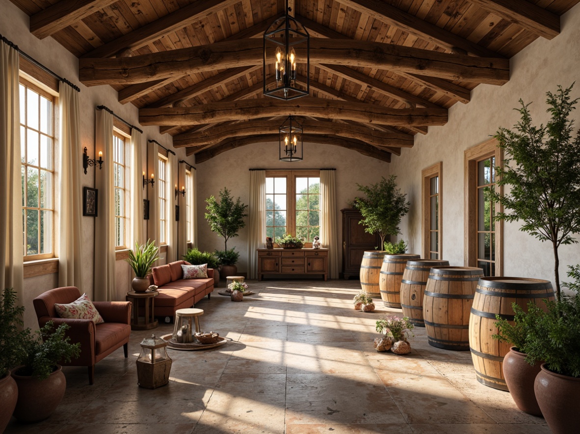 Prompt: Rustic winery, distressed wooden accents, soft blush tones, vintage wine barrels, lush greenery, earthy terracotta pots, whimsical floral patterns, ornate metal lanterns, warm candlelight, natural stone walls, reclaimed wood flooring, elegant chandeliers, soft cream fabrics, muted golden hues, subtle lavender undertones, afternoon sunbeams, shallow depth of field, 2/3 composition, romantic ambiance, realistic textures, ambient occlusion.This prompt includes the main subject (winery), its features (distressed wooden accents, vintage wine barrels), setting (lush greenery, earthy terracotta pots), and description of lighting, colors, and atmosphere. It also meets the requirements of being a single string of words separated by commas, with no continuous sentences, and a total length of less than 40 words.