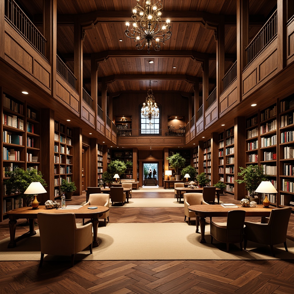 Prompt: Rich wooden flooring, dark walnut tones, classic herringbone pattern, warm beige carpet accents, traditional library atmosphere, vintage bookshelves, comfortable reading nooks, soft warm lighting, ornate chandeliers, elegant furniture upholstery, subtle leather textures, earthy color palette, rustic wooden beams, grand high ceilings, sophisticated architectural details, serene ambiance, cozy study areas, quiet reading spaces.