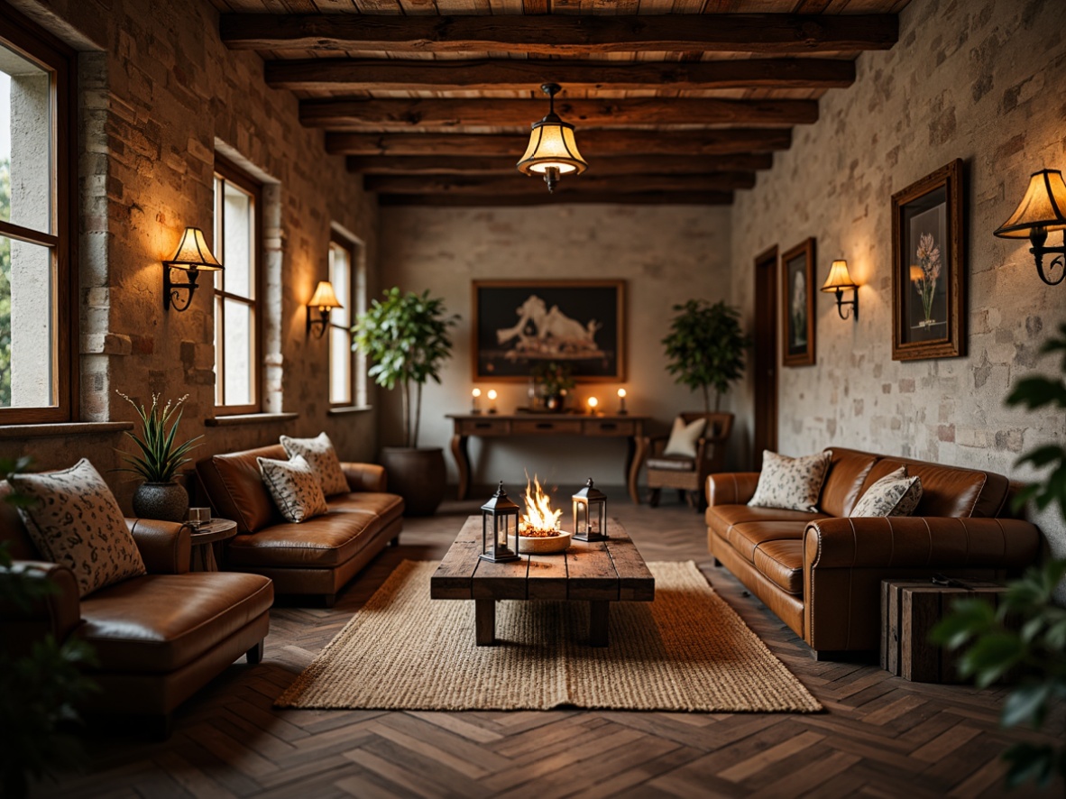 Prompt: Rustic wooden accents, vintage metal lanterns, distressed leather furniture, woven jute rugs, earthy tone color palette, natural stone walls, exposed brick textures, ornate wooden ceiling beams, rich velvet fabrics, antique furniture pieces, warm candlelight ambiance, soft warm lighting, shallow depth of field, 3/4 composition, realistic textures, ambient occlusion.