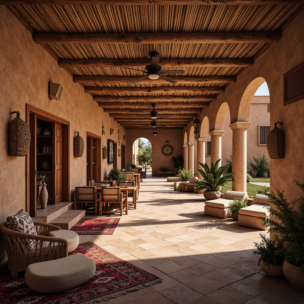 Prompt: Earthy cultural center, traditional vernacular style, local natural materials, wooden accents, bamboo roofs, mud-brick walls, rustic stone floors, vibrant colorful textiles, intricate geometric patterns, Arabic-inspired motifs, warm ambient lighting, soft diffused shadows, shallow depth of field, 1/1 composition, realistic textures, ambient occlusion.