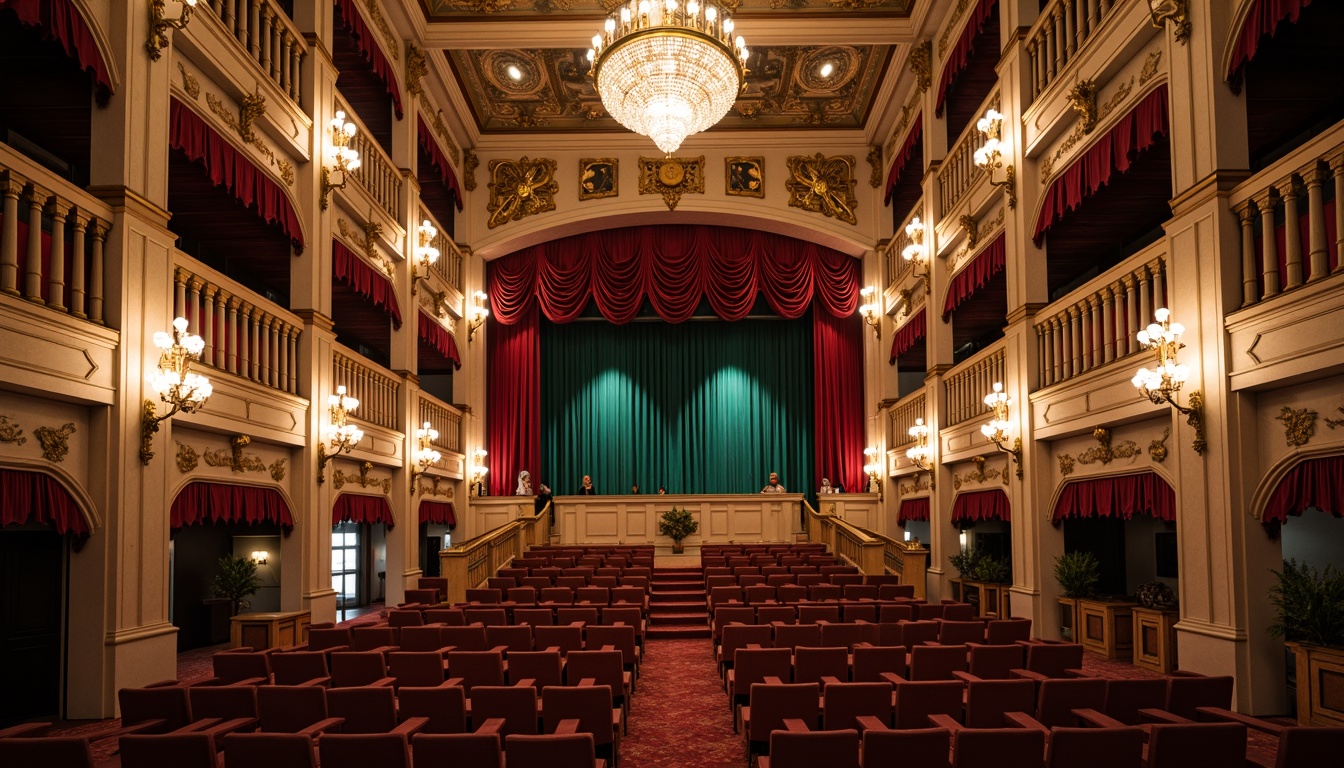 Prompt: Luxurious theater interior, neoclassicism style, rich velvet drapes, ornate golden frames, crystal chandeliers, marble columns, grand staircase, opulent balconies, lavish furnishings, intricate moldings, subtle warm lighting, soft shadows, 1/2 composition, shallow depth of field, realistic textures, ambient occlusion, muted color palette, deep reds, emerald greens, creamy whites, rich gold accents, soft peach tones, warm beige undertones.