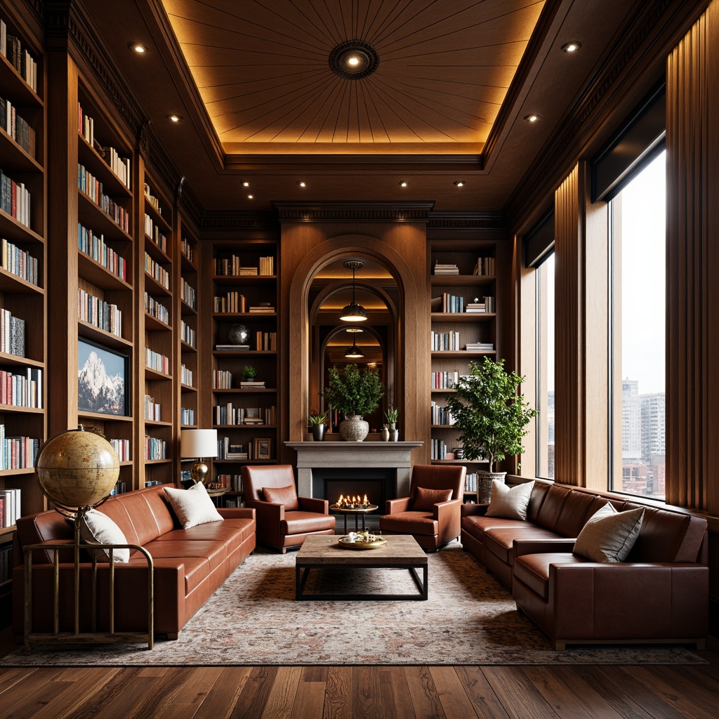 Prompt: Luxurious penthouse, academic decor, rich wood tones, leather sofas, velvet armchairs, ornate coffee tables, floor-to-ceiling bookshelves, vintage globes, classic desk lamps, plush area rugs, neutral color palette, sophisticated ambiance, soft warm lighting, shallow depth of field, 1/1 composition, realistic textures, ambient occlusion.