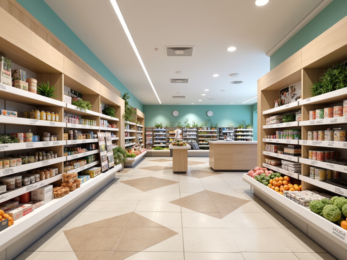 Prompt: Modern grocery store interior, streamline moderne style, pastel color scheme, creamy whites, soft grays, muted blues, warm beige accents, polished chrome fixtures, sleek wooden shelves, minimalist product displays, geometric patterned floors, ambient LED lighting, shallow depth of field, 1/1 composition, realistic textures, subtle reflections.