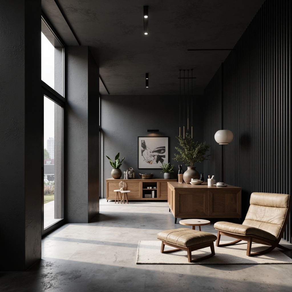 Prompt: Monochromatic interior, sleek lines, minimalist decor, polished concrete floors, matte black walls, subtle texture contrasts, industrial chic accents, metallic sheen, warm wood tones, natural stone surfaces, soft ambient lighting, 1/1 composition, shallow depth of field, realistic reflections, subtle color palette, Scandinavian-inspired aesthetics.