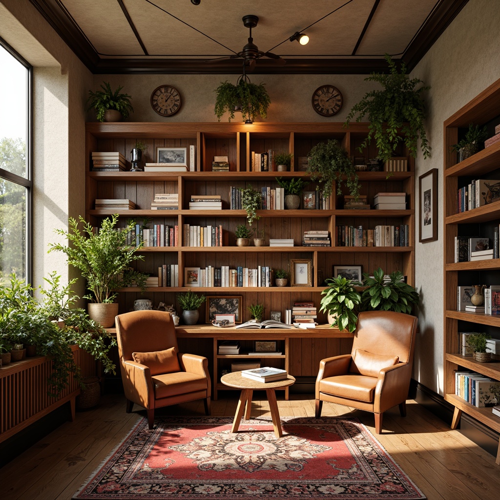 Prompt: Cozy bookstore, warm wooden shelves, vintage leather armchairs, soft golden lighting, rich brown tones, earthy red accents, creamy white walls, lush greenery, eclectic book collections, rustic metal fixtures, reclaimed wood decor, comfortable reading nooks, plush area rugs, soothing color scheme, warm beige textures, inviting atmosphere, 3/4 composition, shallow depth of field, natural light pouring in, realistic wooden grain.