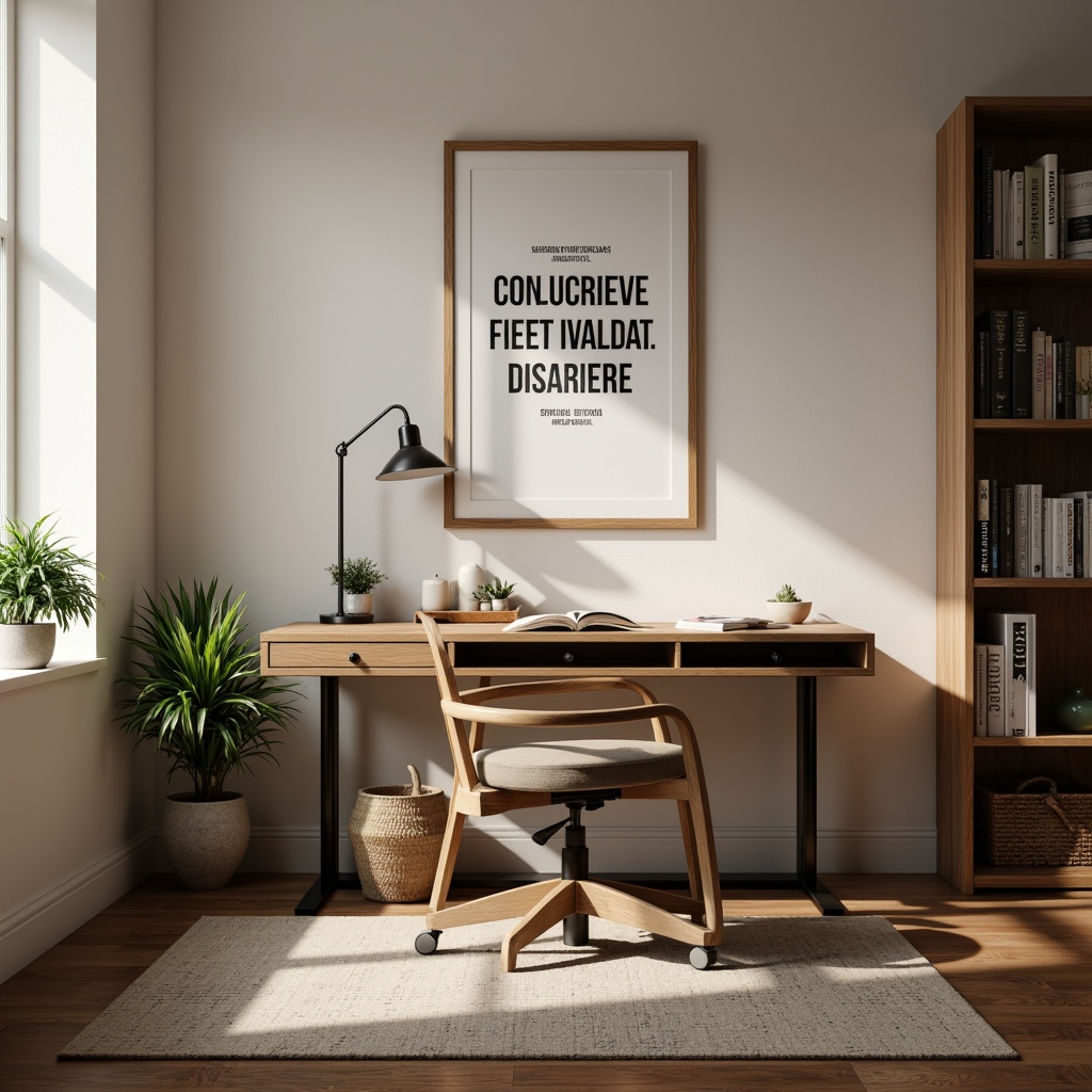 Prompt: Cozy study area, wooden desk, comfortable ergonomic chair, floor lamp, bookshelves, organized storage, framed academic degrees, inspirational quotes, calm color scheme, soft natural lighting, minimal decor, plants, subtle texture, warm atmosphere, 1/1 composition, shallow depth of field, realistic rendering.